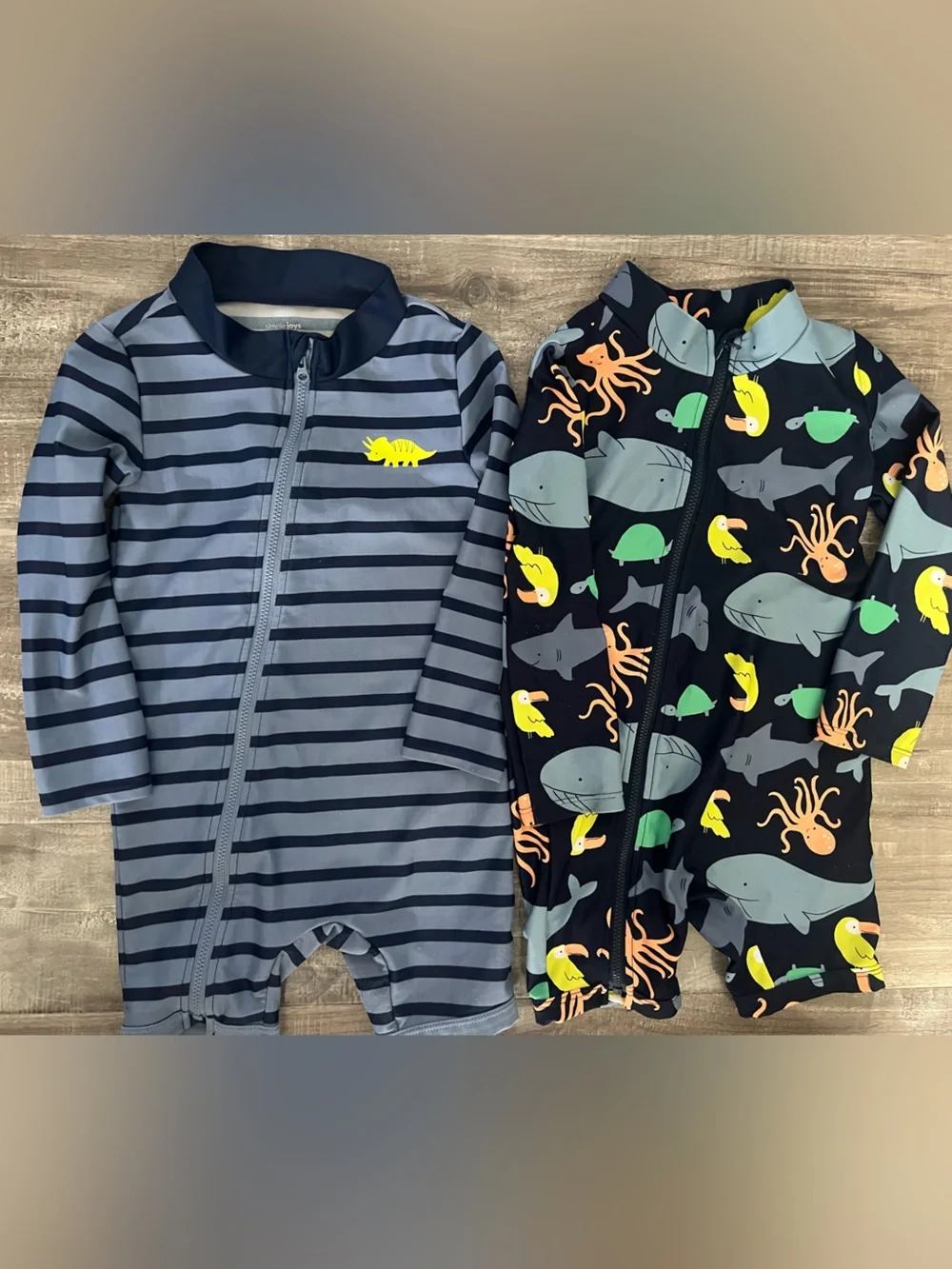 Blue Striped and Ocean Print Rash Guard One Pieces